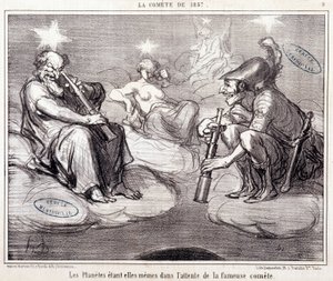 Karikatura o vědě. Serie Sur „“ kometa roku 1857““: „“ Planety samy čekají na slavnou kometu“““. Rytina Honore DAUMIEROVÉ (1808-1879), 25. března od Honoré Daumier
