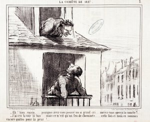 Karikatura o vědě. Serie Sur “” kometa roku 1857””””: “” No sousede... proč jsi tak křičel...”” Rytina Honore DAUMIEROVÉ (1808-1879). Výňatek z novin „“Le Charivari““ z 11. března od Honoré Daumier