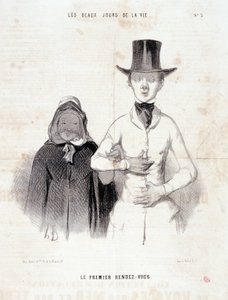 Karikatura o páru: Série „“ Krásné dny života““: „První rande““. Rytina Honore DAUMIEROVÉ (1808-1879). Výňatek z novin „“Le Charivari“, 2.–3. ledna od Honoré Daumier