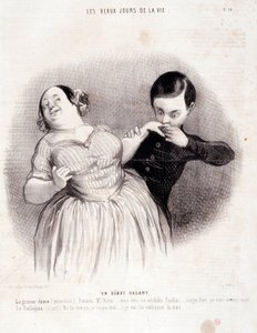 Karikatura o páru. Série „“ Krásné dny života““: „“ Galantní začátek...““ Rytina Honore DAUMIEROVÉ (1808-1879). Výňatek z novin „“Le Charivari““ z 10. července od Honoré Daumier