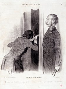Karikatura o páru. Série „“ The Beautiful Days of Life““: „“ Milenec příliš šťastný...“ Rytina Honore DAUMIER (1808-1879). Výňatek z novin „“Le Charivari““ z 1. září od Honoré Daumier
