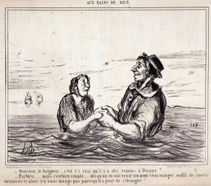 Karikatura o turistech na dovolené. Serie „“ aux Bains de Mer““: „“ Monsieur le bathneur... je pravda, že v Dieppe jsou žraloci?...“ Rytina Honore DAUMIEROVÉ (1808-1879). Výňatek z novin „“Le Charivari““ z 8. června od Honoré Daumier
