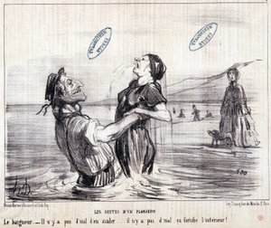 Karikatura o turistech na dovolené. Série „“ Les Bains de Mer““: „“ Vodní skica. Sekvence ponoru““. Rytina Honore DAUMIEROVÉ (1808-1879). Výtah z novin „“Le Charivari““ z roku 1853. Rozměr: 24x28cm. Inv 2453 - box 12 N¡1. Marseille, M od Honoré Daumier