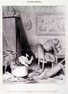 Karikatura o spisovatelkách. Serie “” Bas Bleus””””: “” Matka je v ohni kompozice, dítě je ve vodě vany! “” Rytina Honore DAUMIEROVÉ (1808-1879). Výňatek z novin „“Le Charivari““ z 20. února od Honoré Daumier