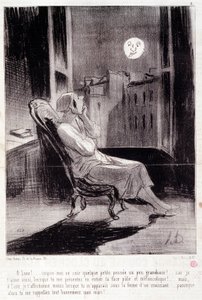 Karikatura o spisovatelkách. Série “” Bas Bleus”””: “” O! Moon mě dnes večer inspiruje...““ Rytina Honore DAUMIEROVÉ (1808-1879). Výňatek z novin “”Le Charivari”” 28. února od Honoré Daumier
