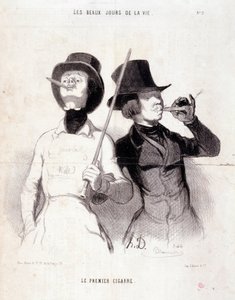 Karikatura o mladém Dandysovi. Série „“ Krásné dny života““: „“ První doutník““. Rytina Honore DAUMIEROVÉ (1808-1879). Výpis z novin “” Le Charivari”” z 31. prosince 1843 Rozměr 37x25 cm Inv 1089 - krabice 8 N¡2. Marseille, Musee des Beaux od Honoré Daumier