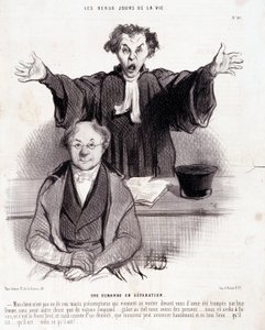 Karikatura o rozvodech: Série „“ Krásné dny života““: „“ Žádost o rozchod...““. Rytina Honore DAUMIEROVÉ (1808-1879). Výňatek z novin “”Le Charivari”” 29. ledna od Honoré Daumier