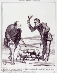 Cartoon on the hunters: Serie “” Autumn Sketch”””: “” Pane, vzhledem k naprosté absenci zvěře mi prosím udělte povolení zastřelit vašeho psa...”” Rytina Honore DAUMIER (1808-1879). Výňatek z novin „“Le Charivari““ z 28. září od Honoré Daumier