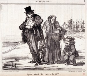 Karikatura o vinařství. Série „“ Podzimní skica““: „“ Ve sklizni. Zneužívání hroznů z roku 1857”” Rytina Honore DAUMIER (1808-1879). Výňatek z novin “”Le Charivari”” 16. října od Honoré Daumier