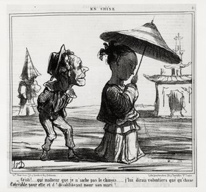 Kristi! Neumím čínsky... Rád jí řeknu, že je to pro ni příjemné a pro jejího manžela nepovinné!... V sérii En Chine, ilustrace Honore Daumier (1808-1879), vydáno v „“ Charivari““, z 12. ledna od Honoré Daumier