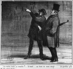 Vidíš tu kometu? nahoru... na konci mého prstu... neztrácej z dohledu můj prst!... , kreslený film Honore Daumier (1808-1879). "Serenáda" od Honoré Daumier