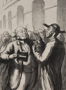 Univerzální výstava: Prohlídka fotografií u turniketů. Plešatý musí sundat klobouk a krátkozraký brýle. od Honoré Daumier