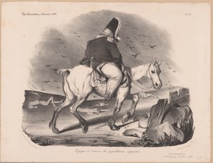Karikatura Ludvíka Filipa I., francouzského krále na koni mezi mrtvolami Voyage à travers lespopuls empressées (název na objektu) od Honoré Daumier