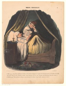 Muž čte v posteli se svou ženou vedle něj Manželské návyky (název série) Moeurs conjugales (název série na objektu) od Honoré Daumier