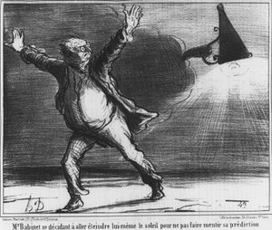Monsieur Babient se rozhodl jít a sám zhasnout slunce, aby svou předpověď neučinil lež, karikaturu o kometě Honore Daumiera z roku 1857 (1808-1879). od Honoré Daumier