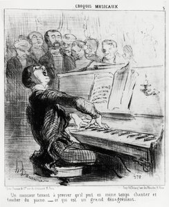Hudební skeče: pán, který touží dokázat, že umí zpívat a přitom se dotýkat klavíru, což je velmi potupné. Ilustrace Honore Daumier (1808-1879), publikovaná v „“ Charivari“, datum 17. února 1852. od Honoré Daumier
