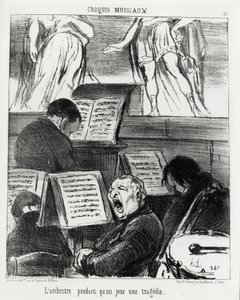 Hudební skeče: orchestr při hraní tragédie. Illustration d
