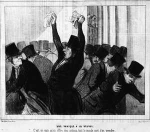Panika na akciovém trhu. Marně se nabízely akcie, každý si je odnesl: z „“ Actualites “, série karikatur na burze Honore Daumier (1808-1879). Serenáda od Honoré Daumier