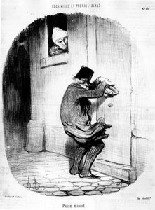 Uplynula půlnoc. muž, který se pozdě vrací k nájemci, z kresleného seriálu „“ Tenants et Owners“ od Honore Daumier (1808-1879). "Serenáda" od Honoré Daumier