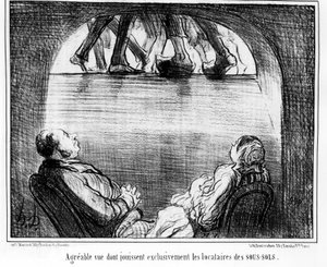 Příjemný pohled, který si užívají výhradně nájemci sklepů, převzatý z kresleného seriálu „“ Tenants et Owners“ od Honore Daumier (1808-1879). "Serenáda" od Honoré Daumier