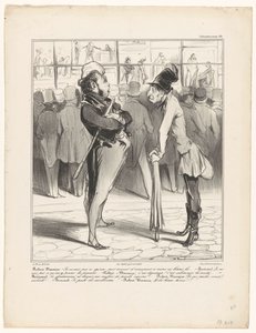 Robert-Macaire v rozhovoru s Bertrandem ve výloze tiskárny Caricaturana (název série na objektu) od Honoré Daumier