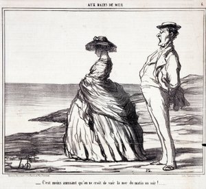 Serie "" Les Bains de Mer"": "" Je méně zábavné, než si myslíte, vidět moře od rána do večera! “” Karikatura o turistech na dovolené. Rytina Honore DAUMIEROVÉ (1808-1879). Výňatek z novin “” Le Charivari”” 9. září od Honoré Daumier