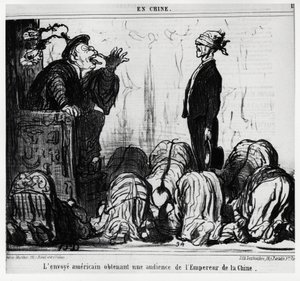 Americký vyslanec získává audienci od čínského císaře. V sérii En Chine, ilustrace Honore Daumier (1808-1879), publikované v „“ Charivari“, ze dne 21. října od Honoré Daumier