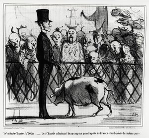 Zahrada rostlin v Pekinu: Číňané obdivující čtyřnožku Francie a pípnutí téže země. Ilustrace Honore Daumier (1808-1879), publikovaná v „Charivari“, China Actualites od Honoré Daumier