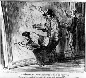 Poslední týden před otevřením Salon de Peinture. Choughtness – Od odvahy k práci, přátelé jsou tu vždy!... , převzato z „“ Obrazy a salony“, kreslený seriál Honore Daumier (1808-1879). "Serenáda" od Honoré Daumier