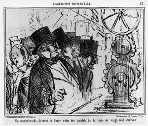 Univerzální výstava: točna určená k pečení kuřat o síle dvaceti devíti koní. Ilustrace Honore Daumier (1808-1879), publikovaná v novinách „“ Charivari“ z 20. července 1855. od Honoré Daumier