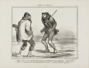 "- Brrrr! Zuřím, že jsem sem přijel lovit do St. Denis-Plain. Je prostě moc velká zima... - Jeden z těch dnů, kdy by člověk nejraději ulovil medvěda. Jeho kožich by byl právě teď víc než vítaný!", deska 3 z Croquis De Chasse od Honoré Victorin Daumier