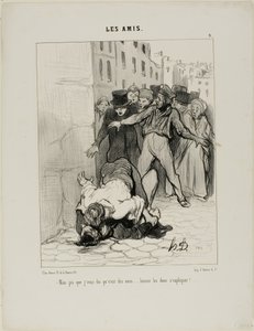 "- Ale já vám říkám, že jsou to přátelé.... oni se jen vyjadřují k sobě navzájem," deska 9 z Les Amis od Honoré Victorin Daumier