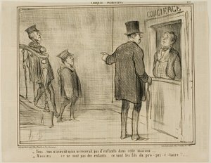 "- Ale řekla jsi mi, že děti do tohoto domu nesmějí... - Pane, to nejsou děti... to jsou synové majitele!...," deska 23 z Croquis Parisiens, - par Daumier od Honoré Victorin Daumier