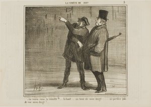"- Vidíte kometu... právě tam, na špičce mého prstu... neztrácejte z dohledu špičku mého prstu!", deska 5 z knihy La Comète De 1857 od Honoré Victorin Daumier