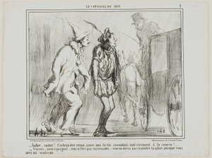 "- Řidiči, řidiči, nemůžete mě odmítnout, musíte mi zachránit život... přiveďte mě živého zpátky na závody! - Ale no tak, Španěle... buď rozumný... nemusíš se bát deště, když máš na sobě kabát!...," deska 2 z Le Carnaval De 1858 od Honoré Victorin Daumier