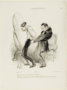 "- Dost, dost, je to příliš těsné!! - Ale vůbec ne, pane, tahle látka vám sedí jako ulitá!", talíř 5 z Coquetterie od Honoré Victorin Daumier