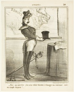 "- Těžko si představit, že jednoho dne budu muset vyměnit korunu za obyčejný klobouk," talíř 249 z Actualités od Honoré Victorin Daumier
