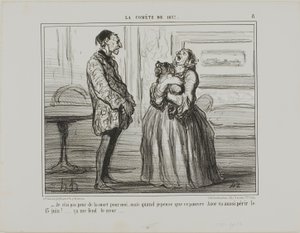 "- O sebe se nebojím, ale když pomyslím na ubohého Azora, který 13. června zahyne... prostě mi to láme srdce," deska 8 z knihy La Cométe De 1857. od Honoré Victorin Daumier
