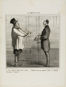 "- Nechci vaše kredity... platnost končí 15. června a svět má skončit 13. června," deska 2 z knihy La Cométe De 1857. od Honoré Victorin Daumier