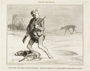 "- Zajímalo by mě, proč mě ta bestie pořád pronásleduje... Klidně zaplatím 6 sous za to, že naskočím do autobusu," deska 1 z knihy Émotions De Chasse od Honoré Victorin Daumier
