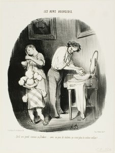 "- Není tak roztomilý, Dodore... s trochou úklidu už to není to samé dítě!...," talíř 37 z Les Bons Bourgeois od Honoré Victorin Daumier