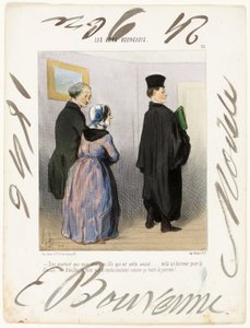 "- Není to úžasné mít syna právníka... jaká čest pro rodinu... Adolfe, chci, abys takhle zůstal oblečený celý den!...," deska 21 z knihy Les Bons Bourgeois od Honoré Victorin Daumier
