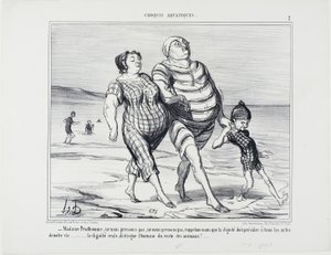 "- Madame Prudhomme, nespěchejme, připomeňme si, že důstojnost by měla vévodit všem životním úkonům... jen důstojnost odlišuje člověka od ostatních zvířat," deska 2 z Croquis Aquatiques od Honoré Victorin Daumier