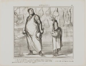 "- Pane řezníku, přeji vám šťastný a zdravý nový rok... - Cože Ten bude pěkný, tenhle rok 1858... každý obchodník s potravinami za rohem bude moci prodávat moje skopové!", talíř 481 z Actualités od Honoré Victorin Daumier