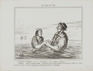 "- Pan plavčík.... je pravda, že v Dieppe jsou žraloci - Samozřejmě... ale je to docela jednoduché... jakmile uvidíte, že se k vám nějaký blíží, aby vás sežral, stačí si lehnout na bok. Nesní vás ze strachu, že se udusíte," talíř 1 z Aus Bains D od Honoré Victorin Daumier