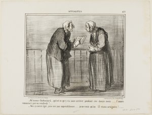 "- Ach, paní Chaboulardová, jsem zvědavá, co se stane v nadcházejících dvanácti měsících... Nový rok začíná v pátek! ... - Mně je to jedno, já nejsem pověrčivá... věřím jen na číslo 13 a na pavouky!", talíř 477 z Actualités od Honoré Victorin Daumier