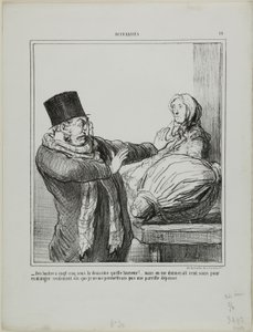"- Ústřice za 25 sous za tucet, hrůza!... I kdybyste mi dali 100 sous za půl tuctu, takový výdaj bych si nedovolil," talíř 18 z Actualités. od Honoré Victorin Daumier