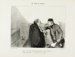 "- Dnes by to mělo být skvělé představení, pane Galuchete... - Myslím, že ano... Případ vraždy s příměsí znásilnění...," deska 31 z Les Gens De Justice od Honoré Victorin Daumier