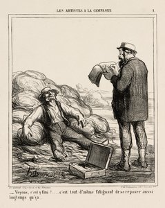 "- Tak co, už jsi konečně skončil... přece jen je to únavné odpočívat tak dlouho," talíř 1 z Les Artistes A La Campagne od Honoré Victorin Daumier