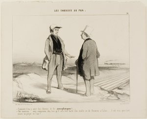 "- Jak to myslíte, že brzy budou jezdit letecké vlaky - Ale samozřejmě, pane... víte, pak bude velmi snadné zřídit spojení mezi Doverem a Calais... ale samozřejmě, projekt je stále zavěšen ve vzduchu," deska 14 z knihy The Railr od Honoré Victorin Daumier
